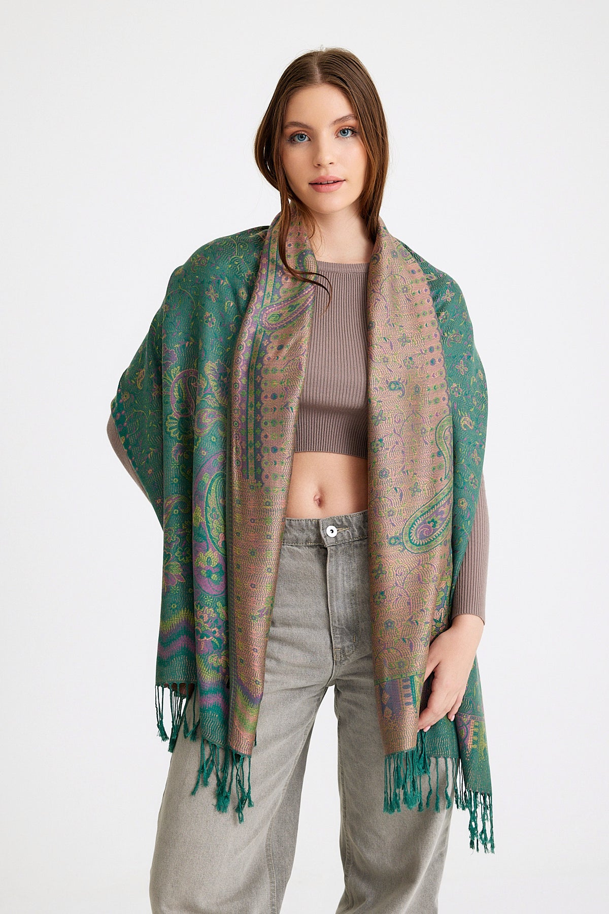 Paisley Desen Pashmina Şal - Yeşil