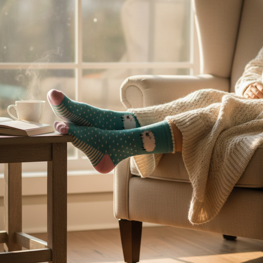 Turkuaz zemin üzerinde pofuduk koyun ve puantiyeler, krem ponponlu bilek, pembe topuk ve çizgili taban detaylı soket çorap.