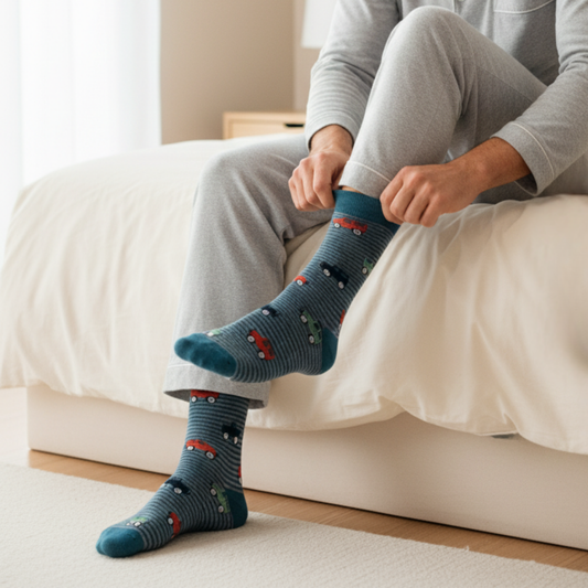 Yatay mavi çizgili zemin üzerinde renkli küçük jip desenleri bulunan soket çorap.