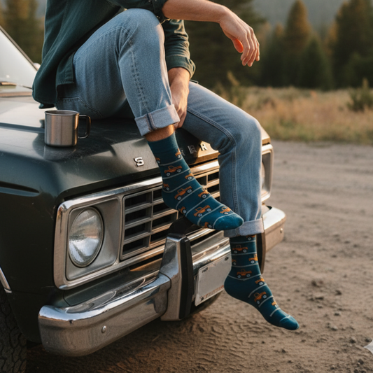 Petrol mavisi zemin üzerinde turuncu jip desenleri ve ince gri çizgiler bulunan soket çorap.