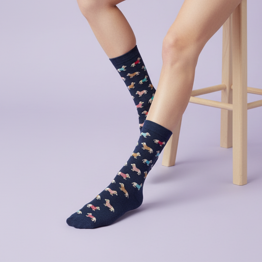 Lacivert zemin üzerinde renkli kazaklı dachshund (sosis köpek) desenli soket çorap