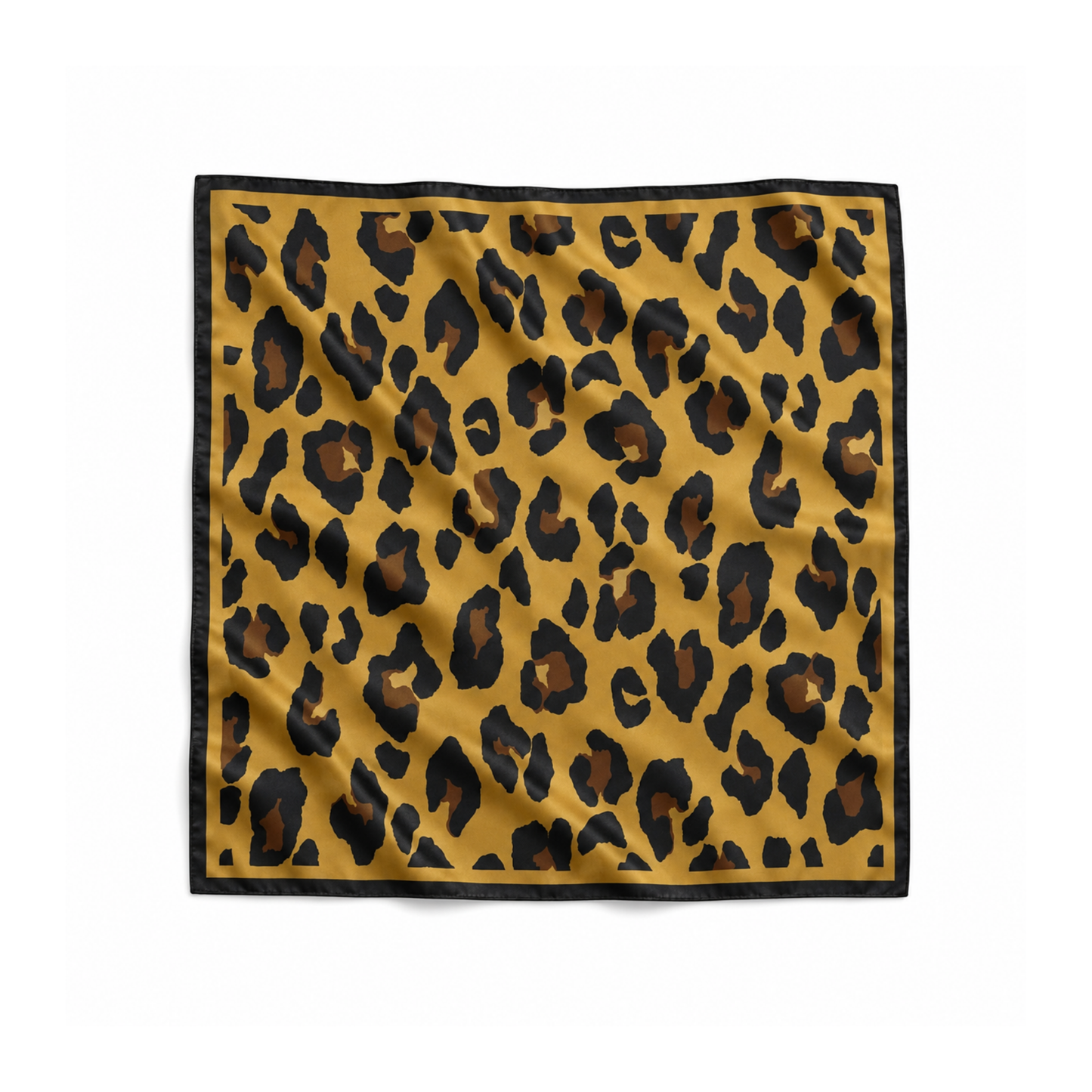 Savana 70x70 cm ipek fular, hardal zemin üzerinde siyah ve kahverengi leopar desenli Soul of Anatolia tasarımı