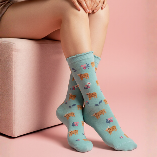 Scottish Cow Mavi Desenli Çorap