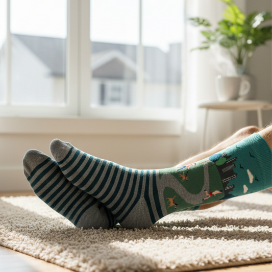 Şehir parkı temalı illüstrasyonlu, yeşil zeminli ve tabanı lacivert-gri çizgili soket çorap.