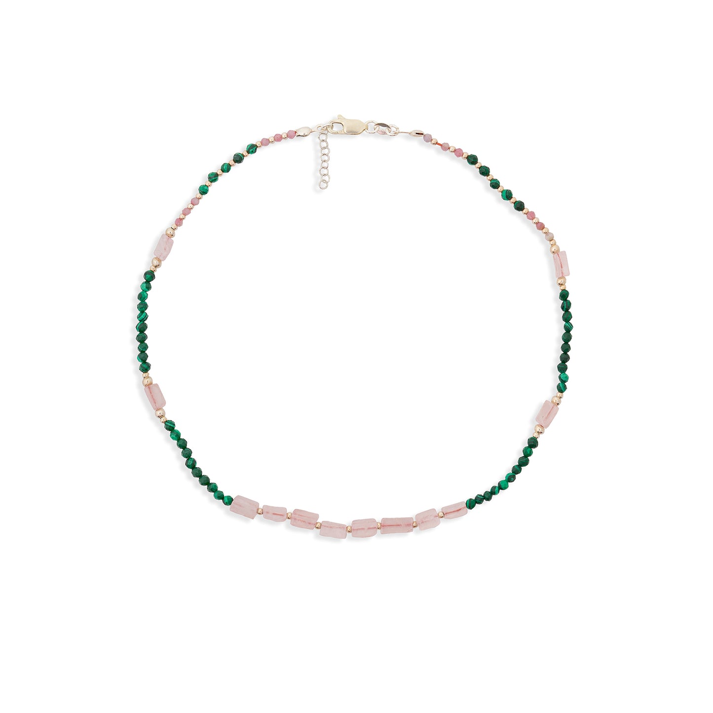Pembe Kuvars Malahit Kristal Basic Bead Gümüş Dizi Kolye