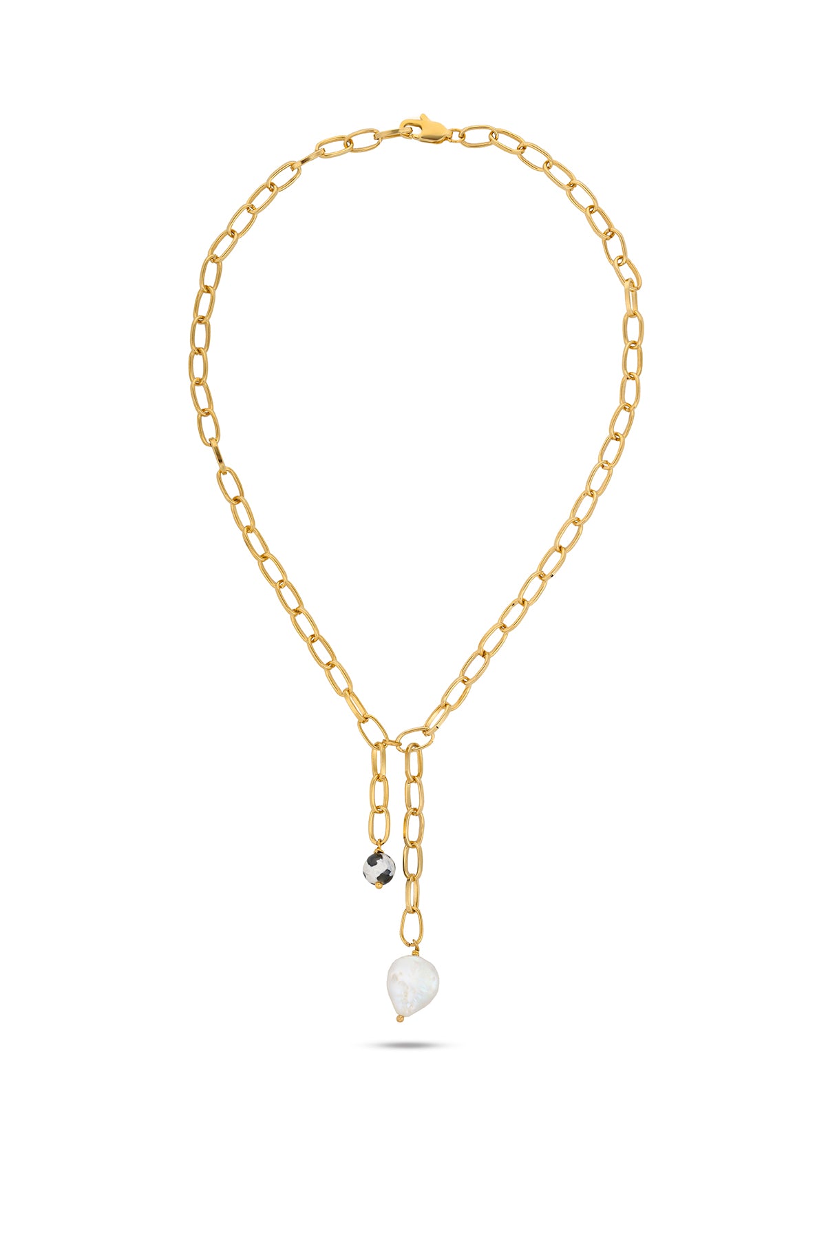 Siyah Hint Akik & İnci Charm Zincir Sallantılı Kolye