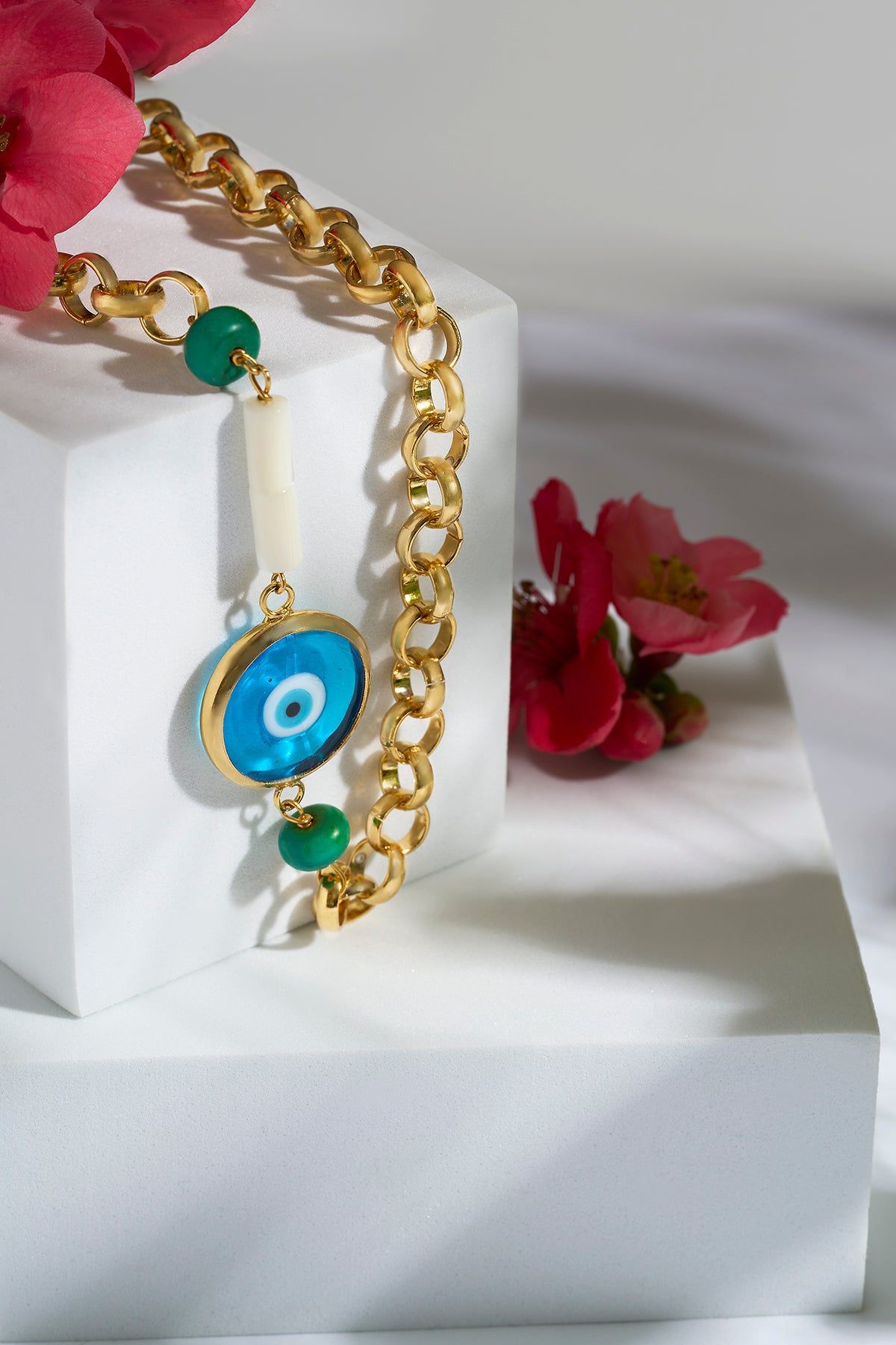 Cam Mavi Sıvama Nazar Sedef Turkuaz Doğal Taş Özel Tasarım Kolye