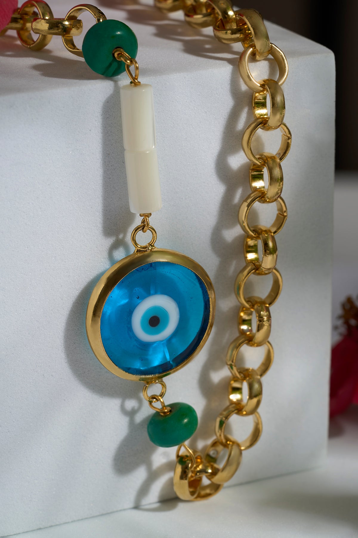 Cam Mavi Sıvama Nazar Sedef Turkuaz Doğal Taş Özel Tasarım Kolye