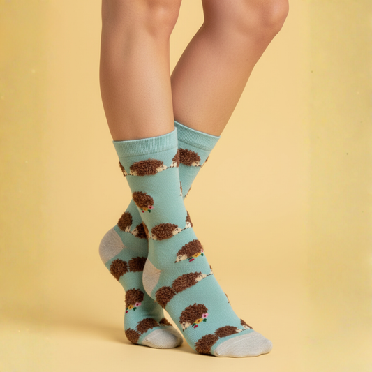 Tüylü Kirpi Desenli Turkuaz Çorap