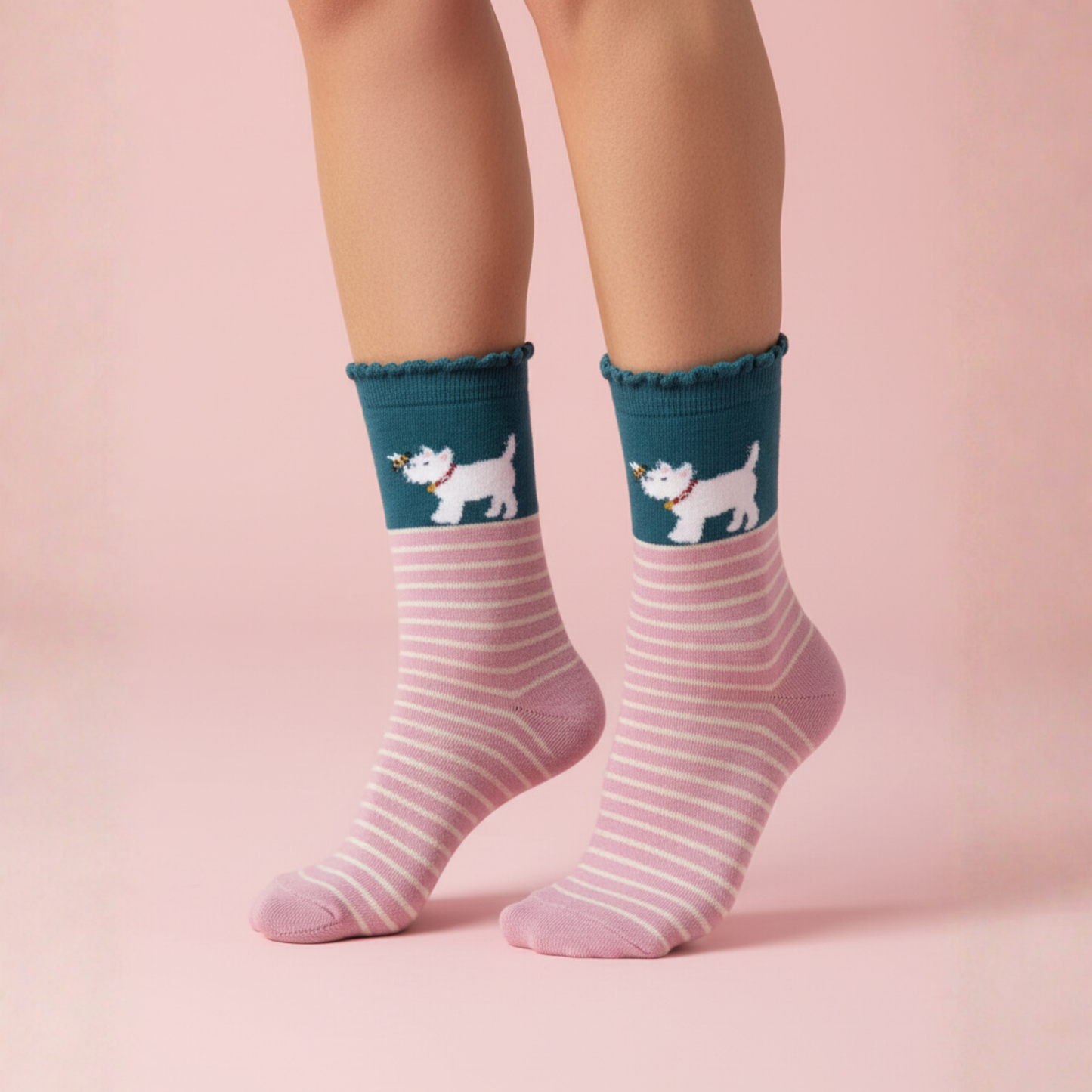 Pembe-krem çizgili, petrol mavisi bilekli; kabarık köpek (Westie) ve minik arı motifli soket çorap.