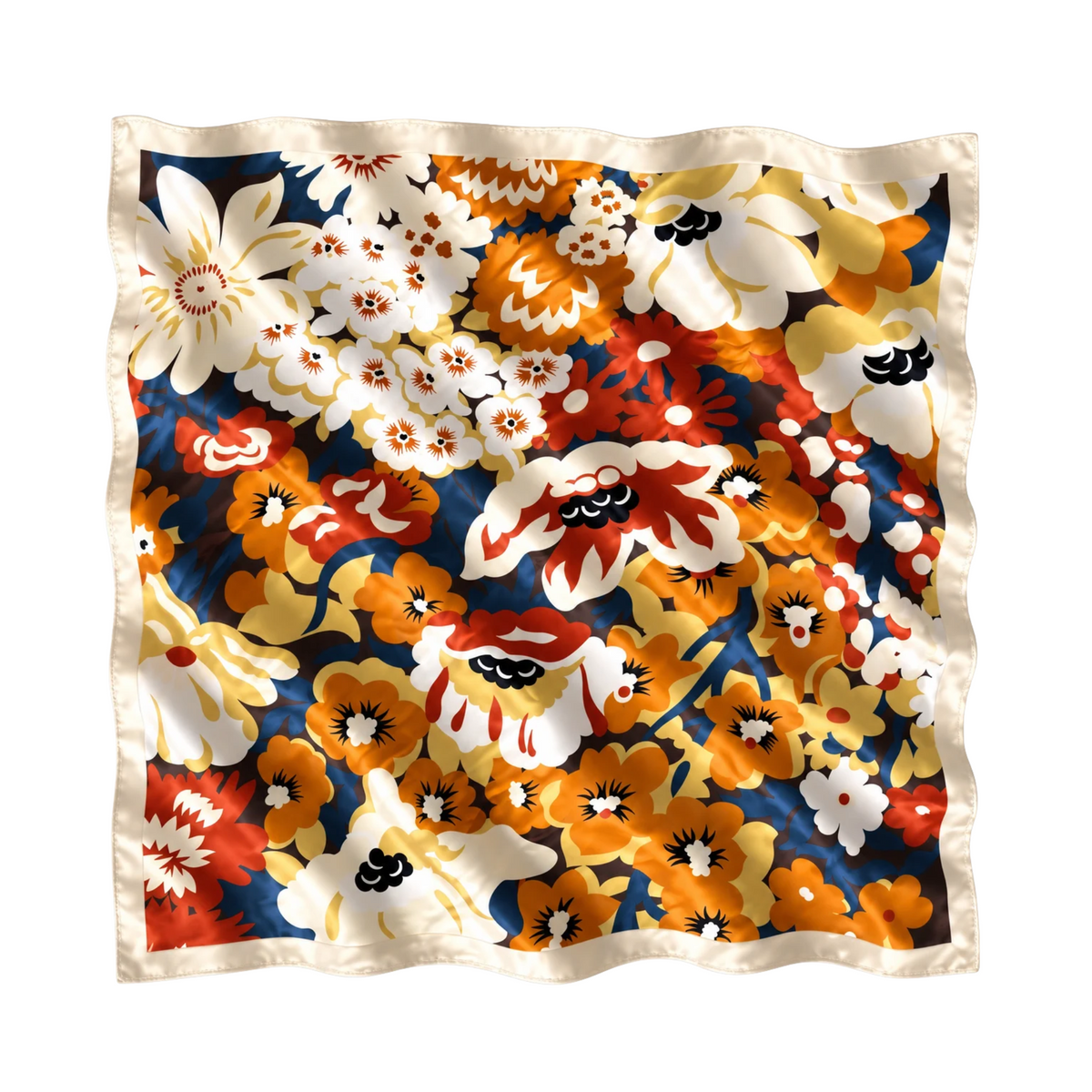 Kiremit, hardal sarısı, krem ve lacivert tonlarında büyük vintage çiçek desenleri ve krem bordürü bulunan 70x70 cm saten ipek fular.