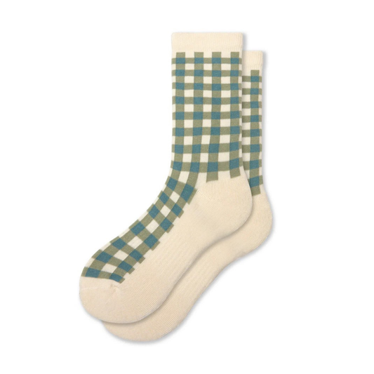 Yeşil Kare Desenli Retro Organik Pamuk Çorap