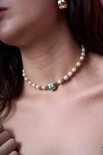 Floral Pearls Tasarım İnci Dizi Kolye Mavi-Beyaz