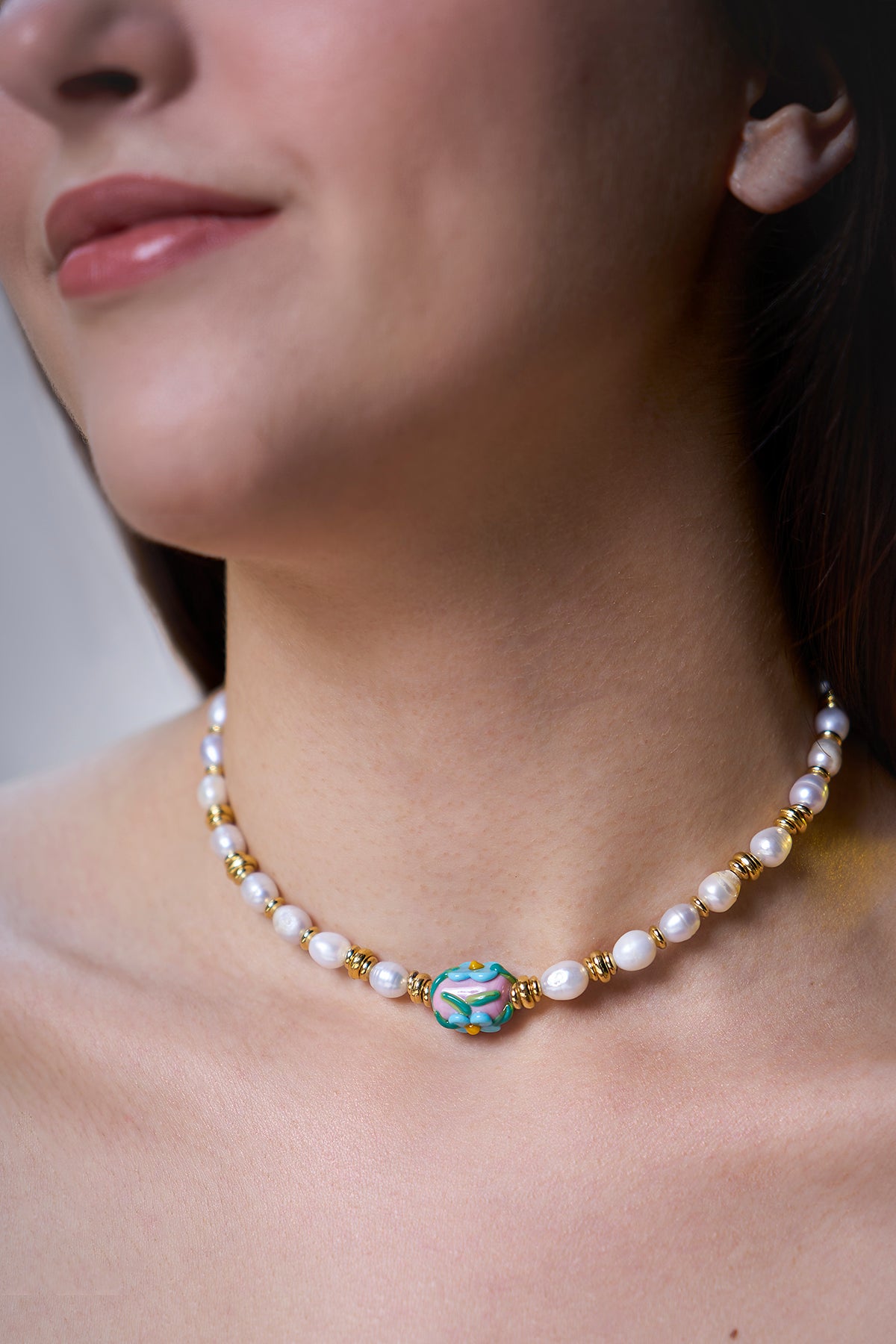 Floral Pearls Tasarım İnci Dizi Kolye Lila-Mavi