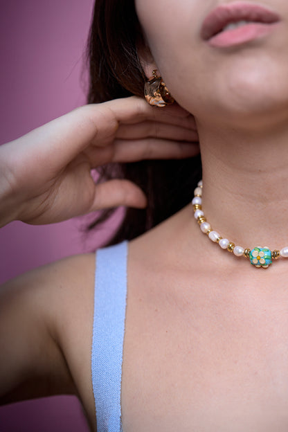 Floral Pearls Tasarım İnci Dizi Kolye Mavi-Beyaz