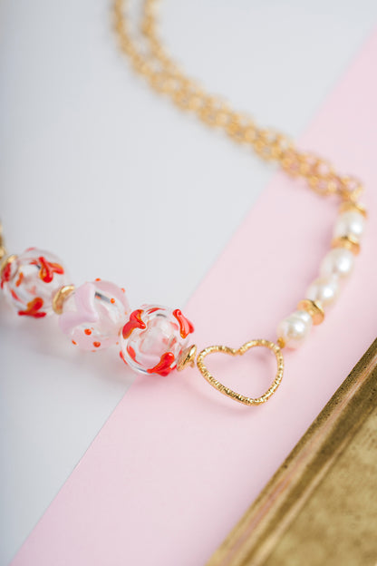 Heart Murano Ball İnci Çift Zincir Kolye