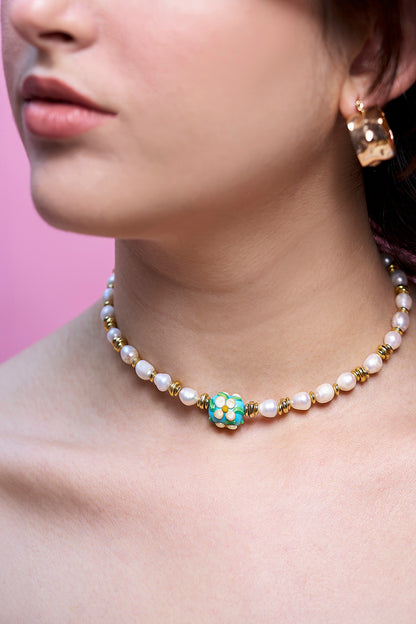 Floral Pearls Tasarım İnci Dizi Kolye Mavi-Beyaz