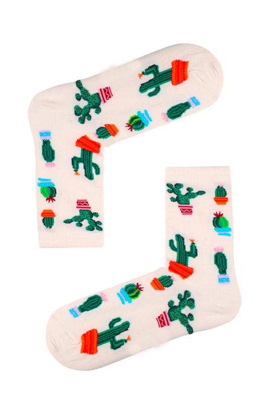 Cacti Family Beyaz Desenli Renkli Çorap (36-41)