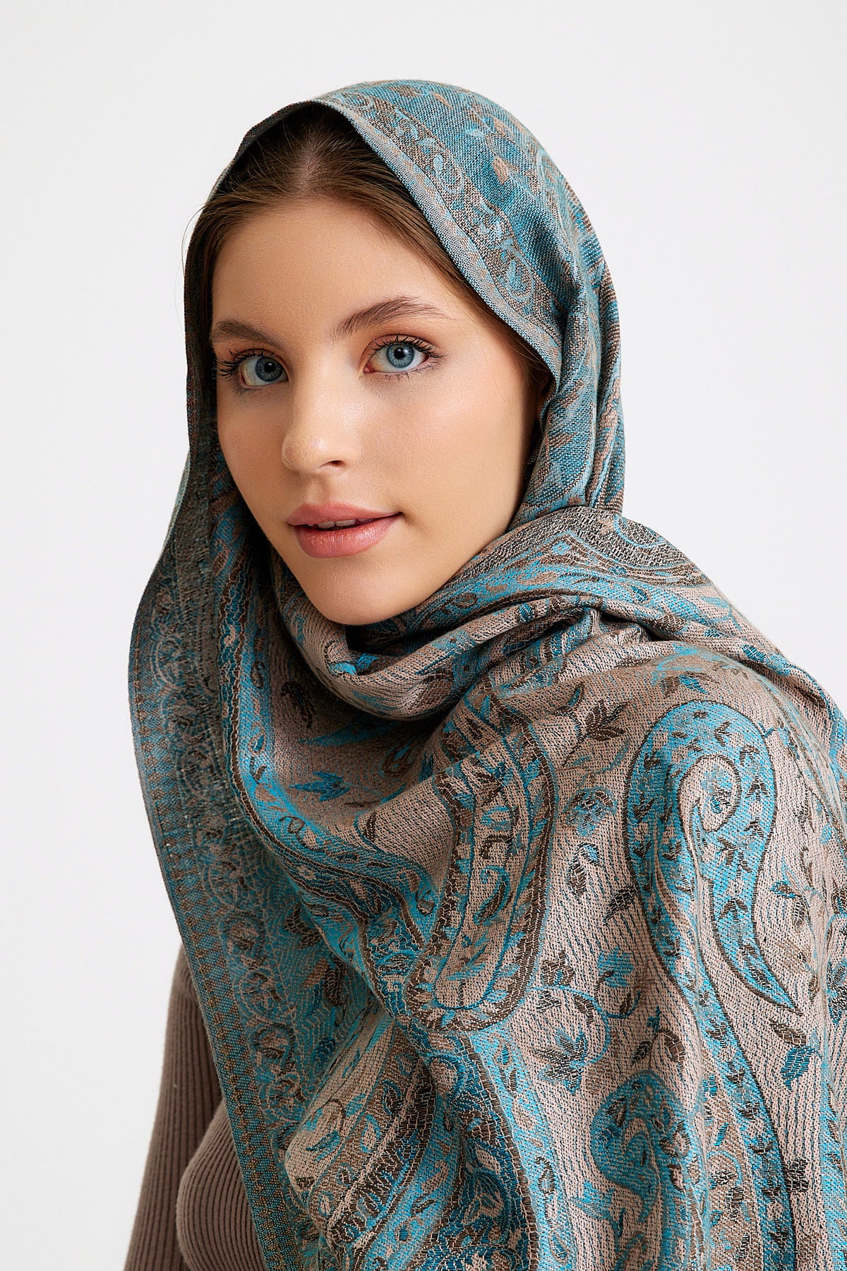 Paisley Desen Pashmina Şal - Turkuaz & Taş