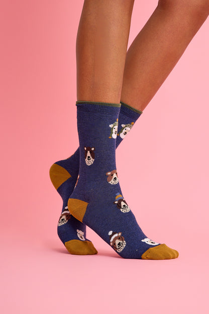 Şapkalı Ayıcık Desenli Lacivert Çorap