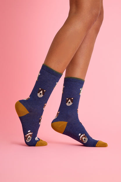 Şapkalı Ayıcık Desenli Lacivert Çorap