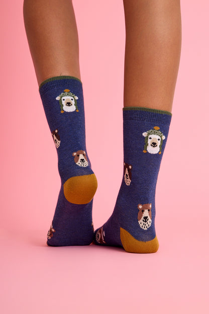 Şapkalı Ayıcık Desenli Lacivert Çorap