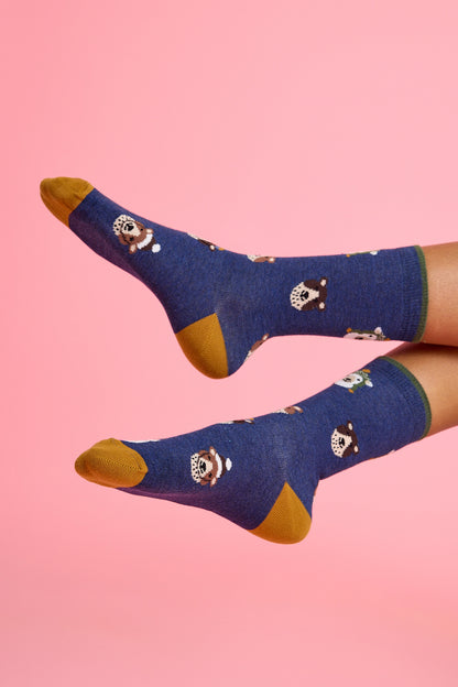 Şapkalı Ayıcık Desenli Lacivert Çorap