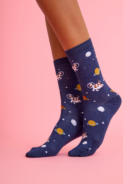 Uzayda İnek Desenli Renkli Çorap