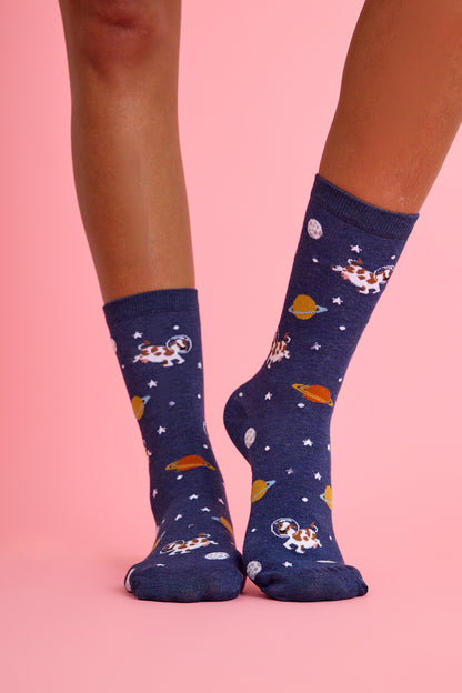 Uzayda İnek Desenli Renkli Çorap