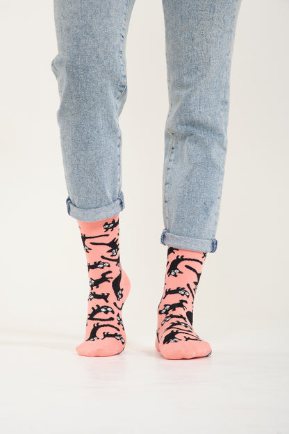 Pembe Kedi Desenli Renkli Çorap