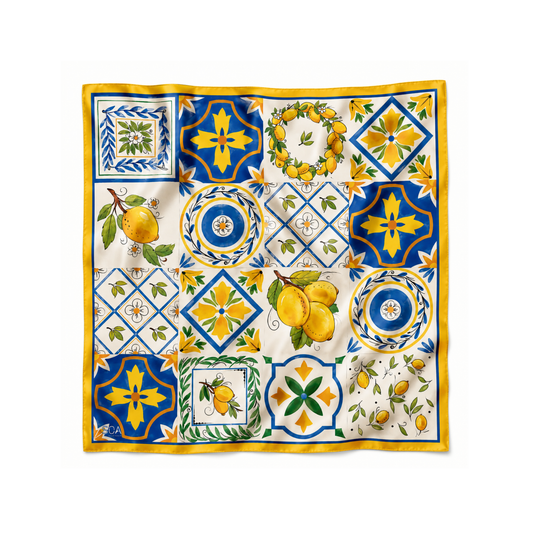 Akdeniz Esintisi 68x68 cm ipek limon ve Akdeniz seramik desenli Soul of Anatolia fular