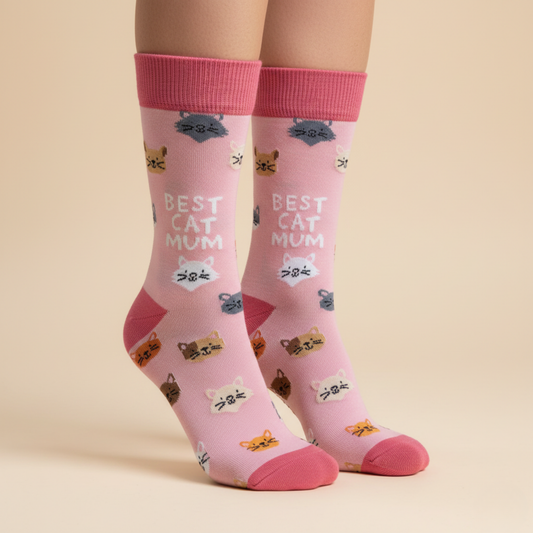 Pembe zemin üzerinde "Best Cat Mum" yazılı ve çoklu kedi yüzü desenli soket çorap.