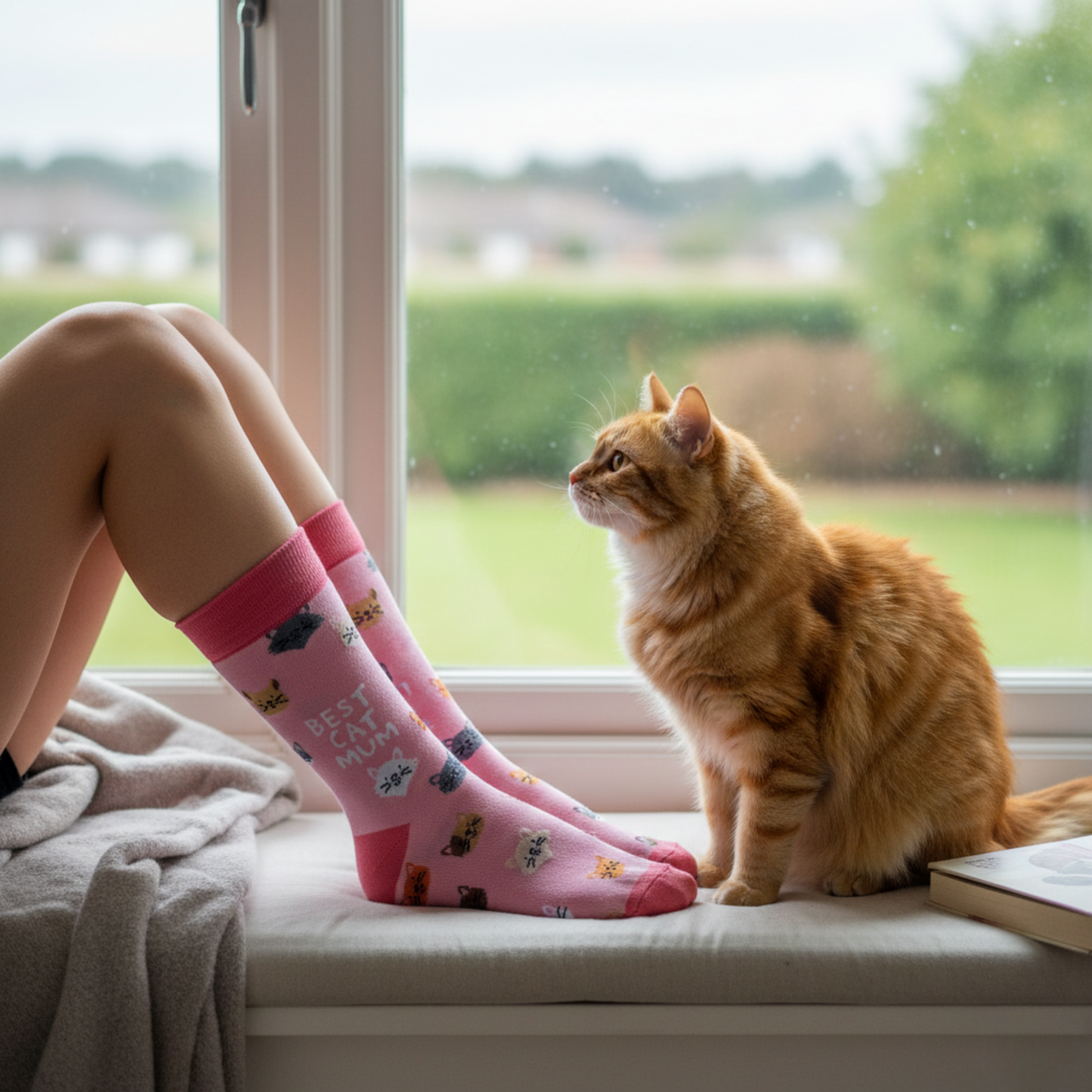 Pembe zemin üzerinde "Best Cat Mum" yazılı ve çoklu kedi yüzü desenli soket çorap.