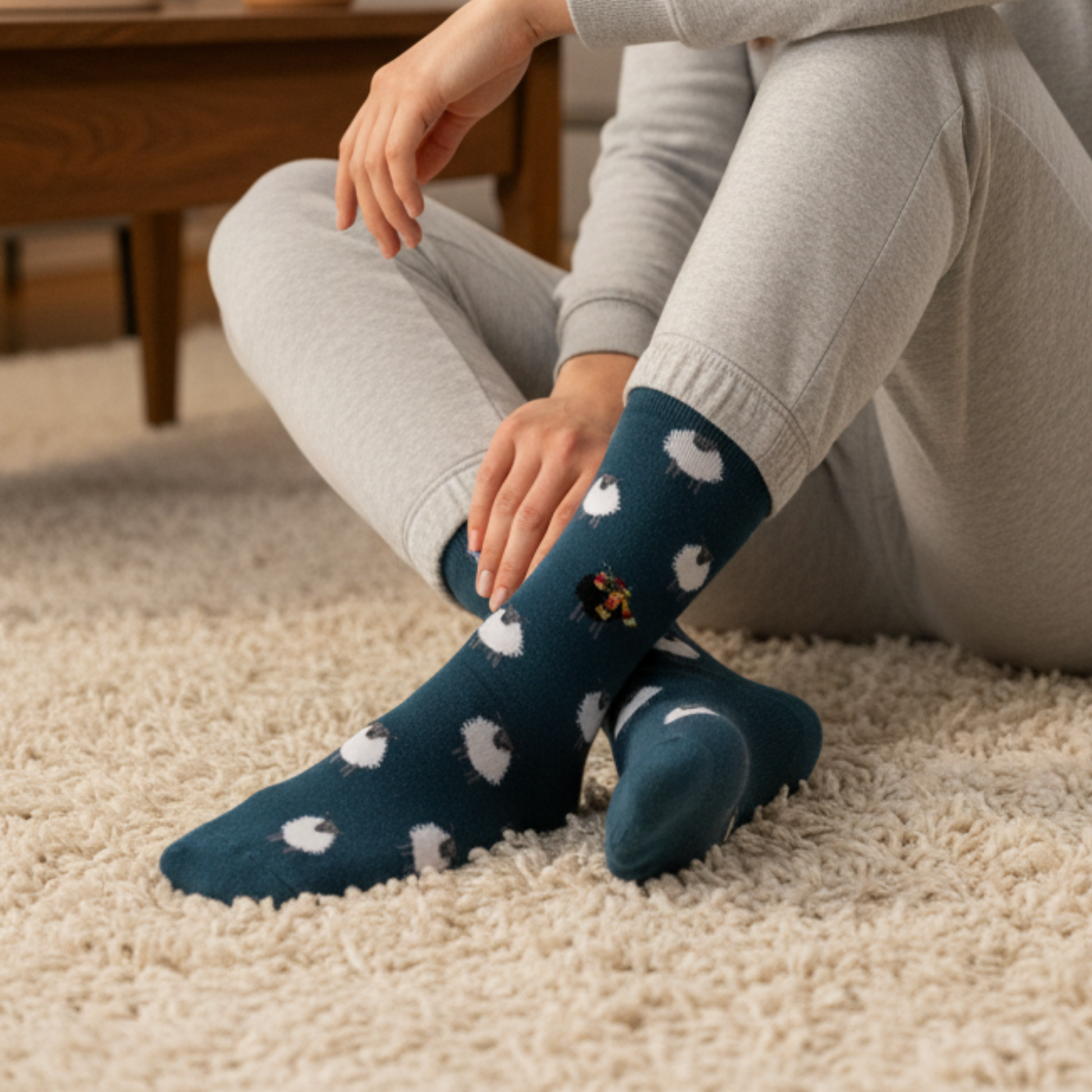 Koyu yeşil zeminli, beyaz ve siyah koyun desenli “Black Sheep Among White Sheeps” unisex çorap — pamuklu ve rahat yapı