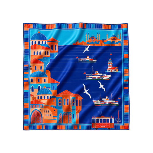 Boğaz Seferi 70x70 cm ipek fular – İstanbul vapurları, Galata Kulesi ve Kız Kulesi desenli Soul of Anatolia tasarımı