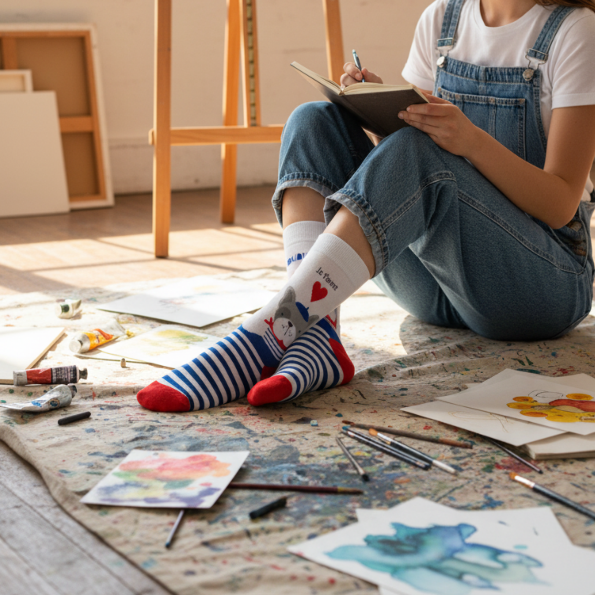 Lacivert-beyaz çizgili, kırmızı detaylı Bonjour bereli köpek desenli unisex çorap — yumuşak pamuklu kumaş