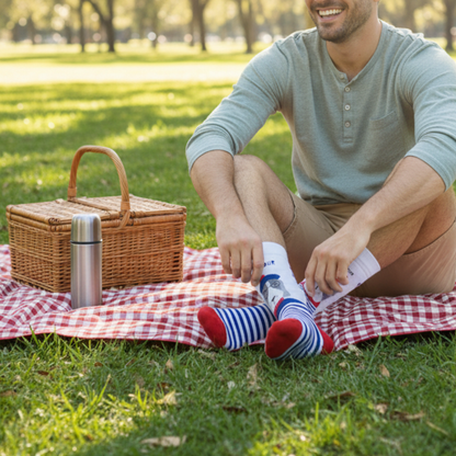 Lacivert-beyaz çizgili, kırmızı detaylı Bonjour bereli köpek desenli unisex çorap — yumuşak pamuklu kumaş