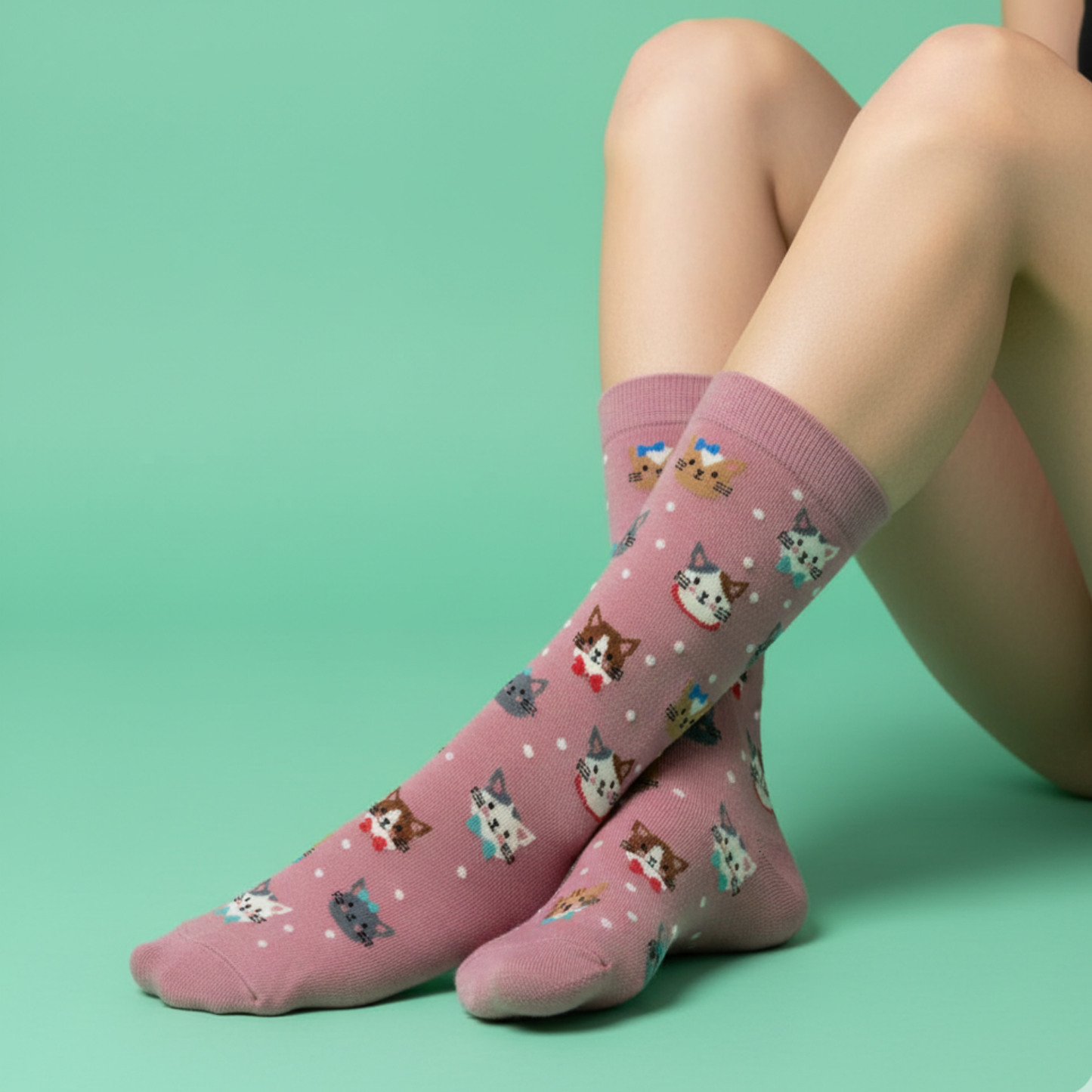 Pembe zemin üzerinde farklı kedi yüzü motifleri ve minik puantiyeli soket çorap.