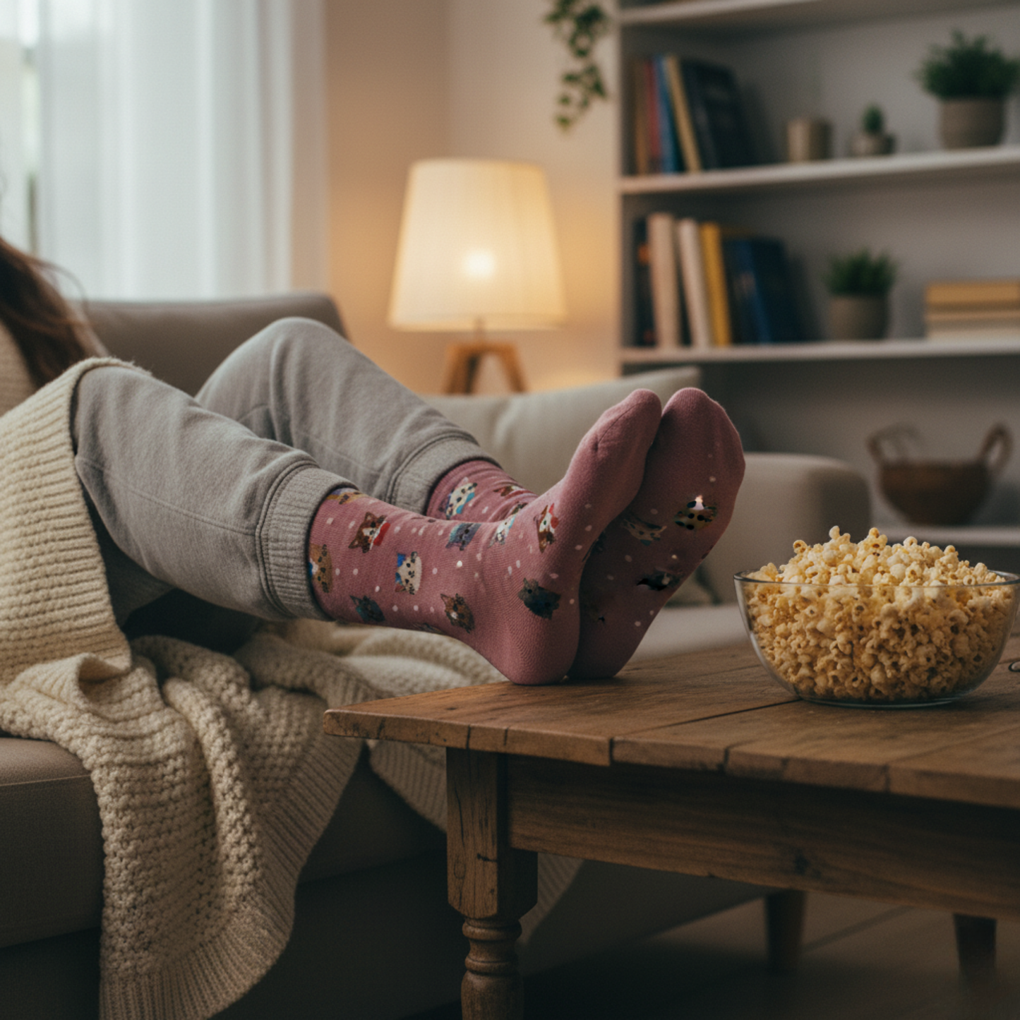 Pembe zemin üzerinde farklı kedi yüzü motifleri ve minik puantiyeli soket çorap.