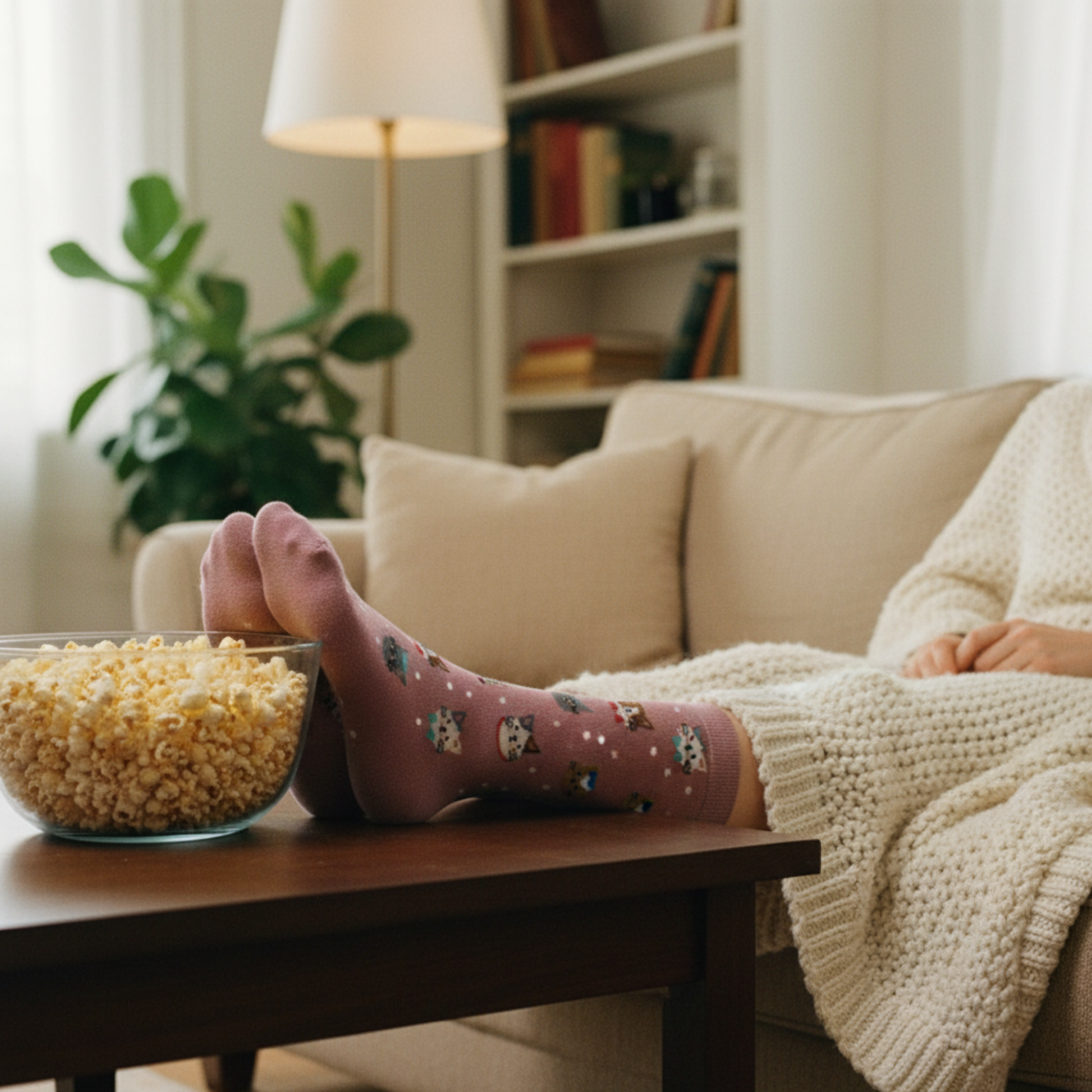 Pembe zemin üzerinde farklı kedi yüzü motifleri ve minik puantiyeli soket çorap.