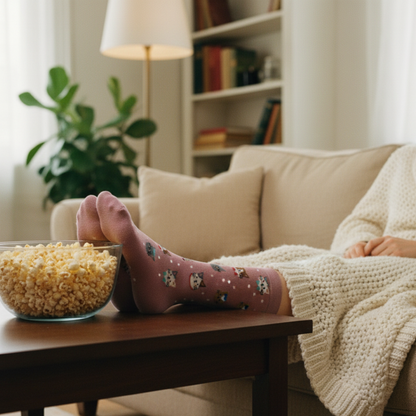 Pembe zemin üzerinde farklı kedi yüzü motifleri ve minik puantiyeli soket çorap.