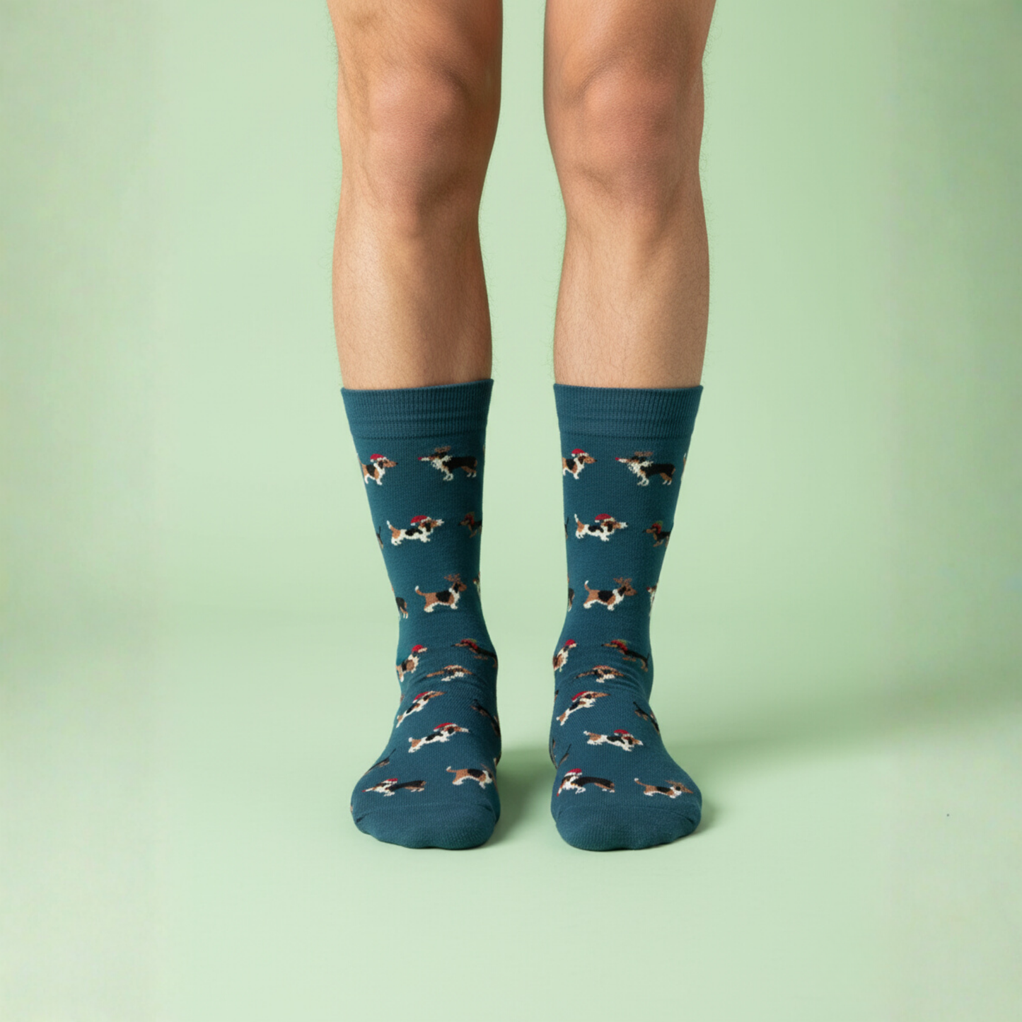 Mavi zeminli, Noel şapkalı köpek desenli pamuklu erkek çorap — 41–46 numara, yılbaşı temalı tasarım
