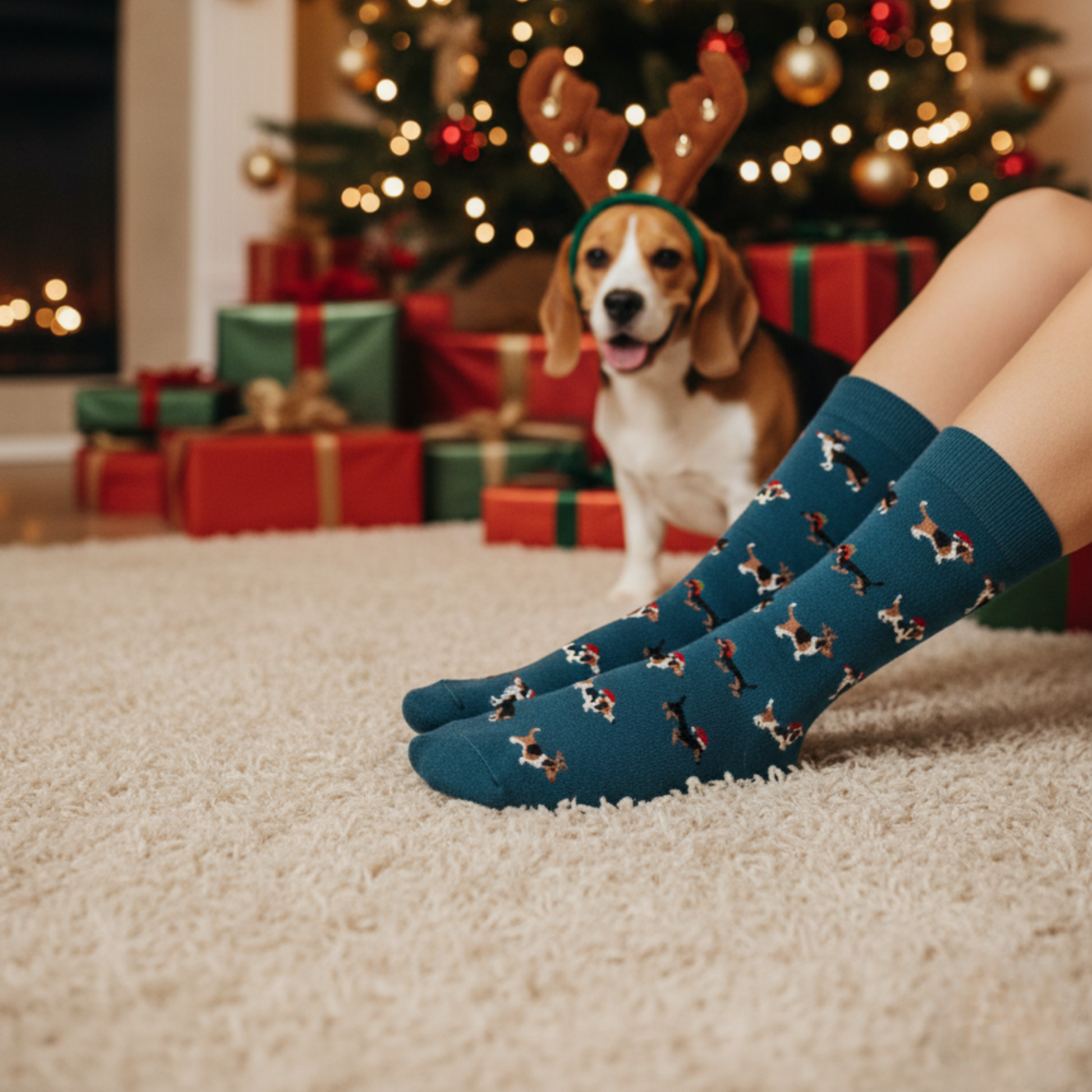 Mavi zeminli, Noel şapkalı köpek desenli pamuklu erkek çorap — 41–46 numara, yılbaşı temalı tasarım