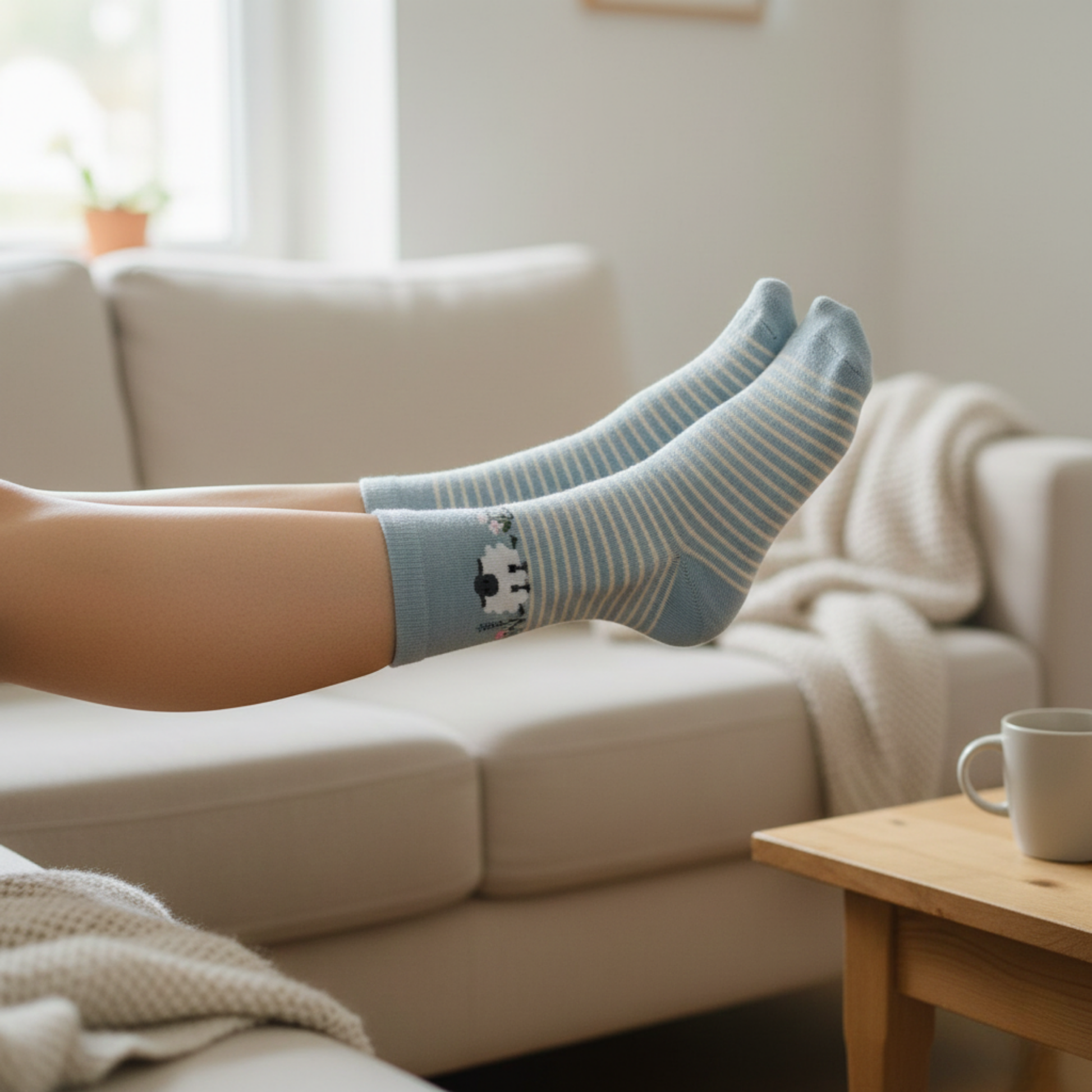 Açık mavi zemin üzerine beyaz çizgili, bilek kısmında sevimli koyun figürü bulunan çorap
