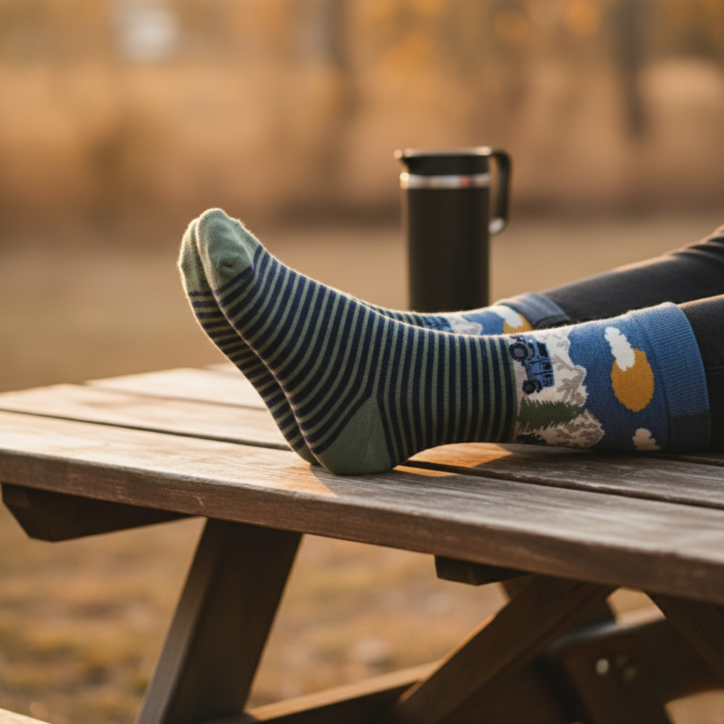 Dağ manzarası ve jeep desenli yeşil mavi çizgili pamuklu çorap.