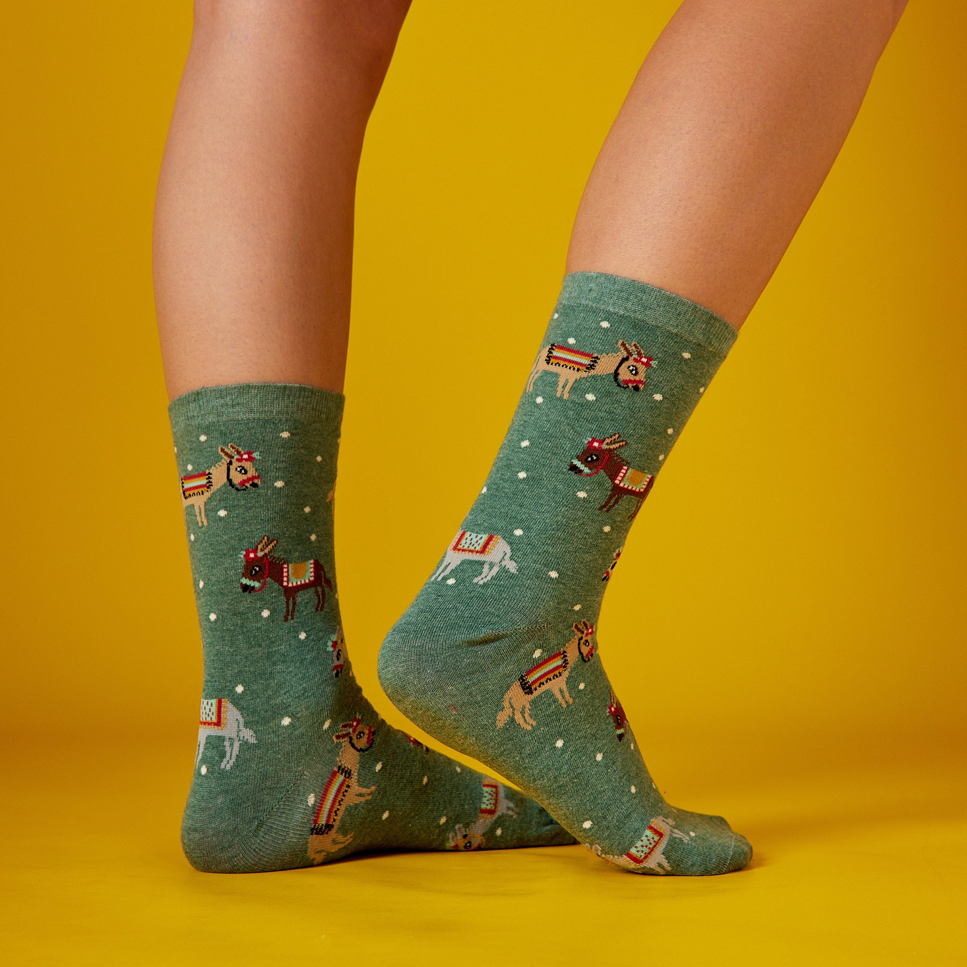 Yeşil zeminli eşek desenli renkli çorap