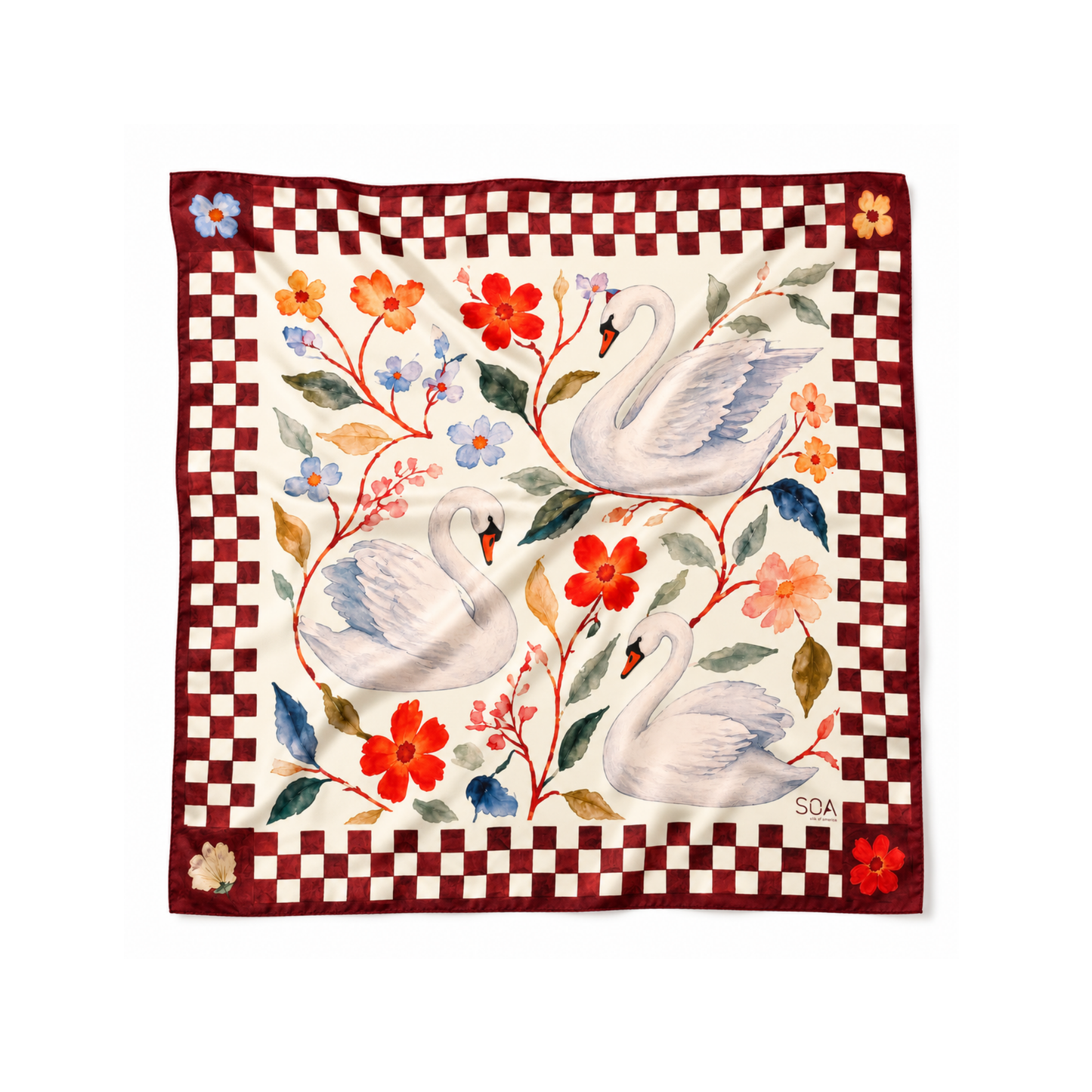 Duru Miras Yadigâr 68x68 cm ipek fular – çiçekler arasında kuğu desenli bordo tonlu Soul of Anatolia tasarımı