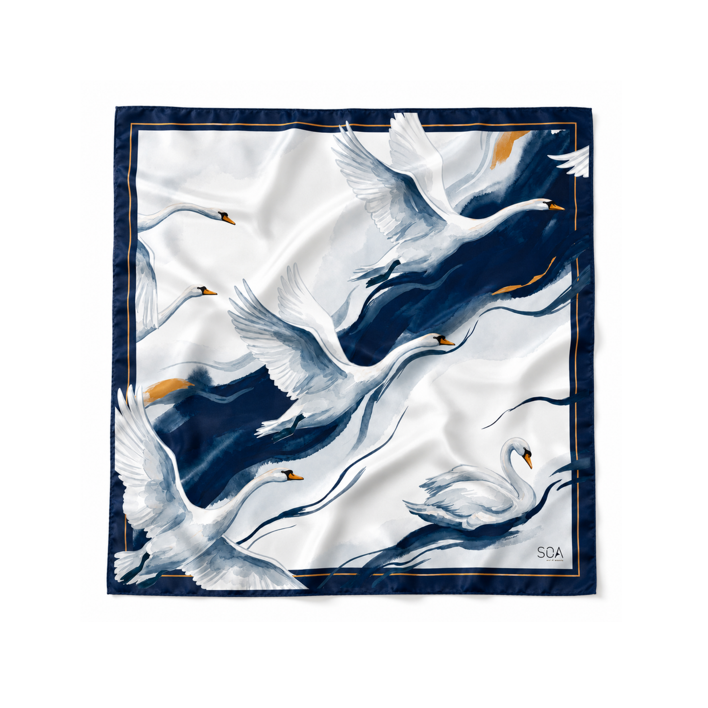 Duru Miras Zarafet 68x68 cm ipek fular – uçan kuğu desenli, lacivert zeminli Soul of Anatolia tasarımı