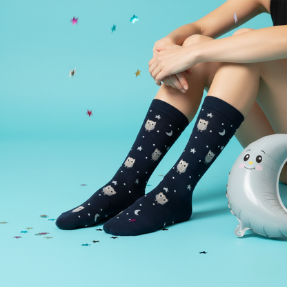 Gece Baykuşları Desenli Lacivert Çorap