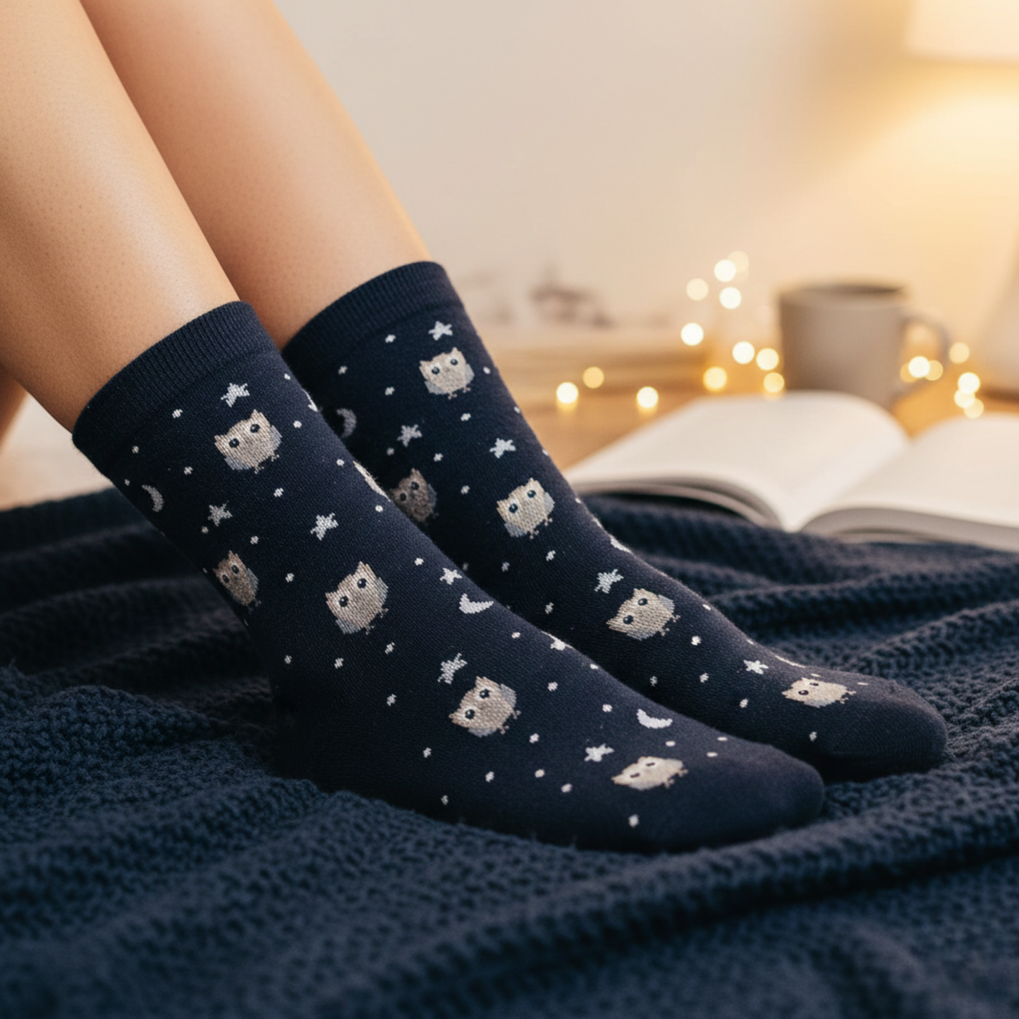Gece Baykuşları Desenli Lacivert Çorap
